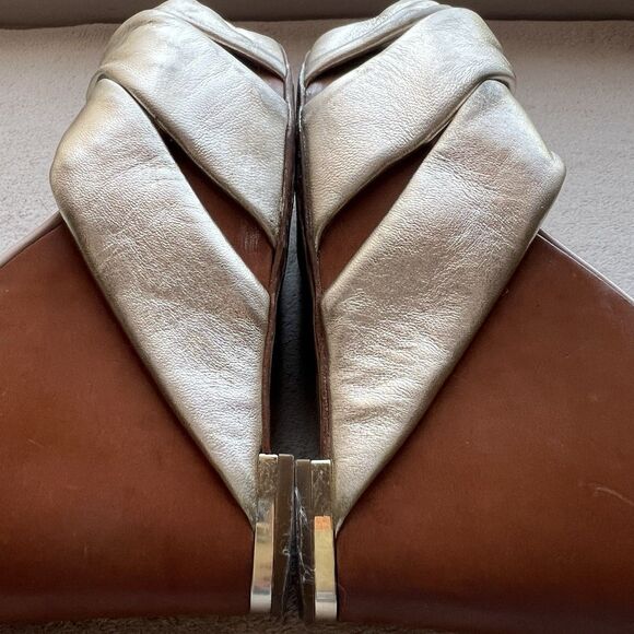 Sergio Rossi Metallic Gold Wood Wedge Heeled Sandal Women EU 37.5 US 7.5 Knotted - Picture 5 of 16